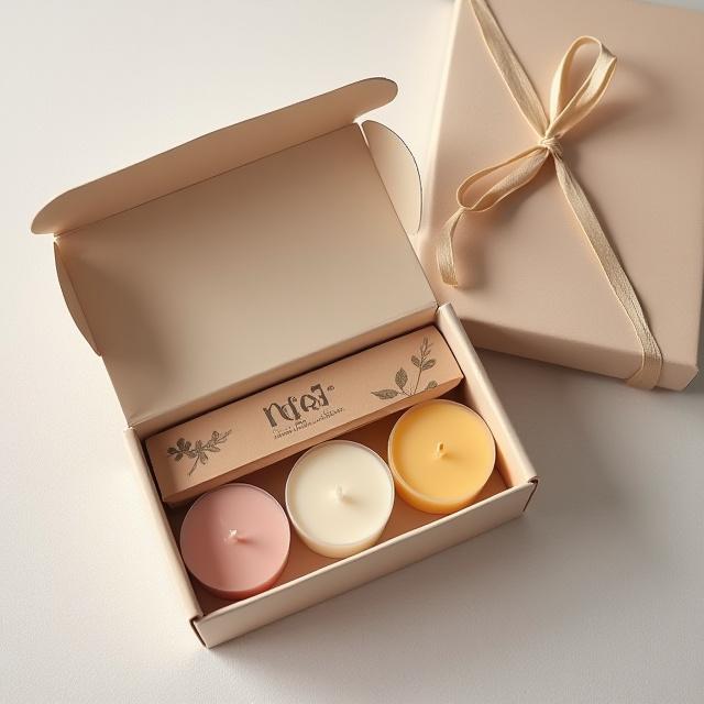 Caja artesanal de regalo con tres mini velas aromáticas variadas, perfecta para un detalle.